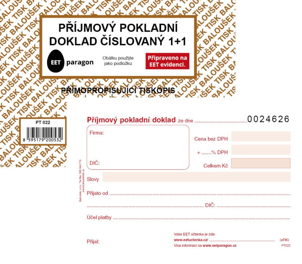 Příjmový pokladní doklad A6, NCR, číslovaný, PT022